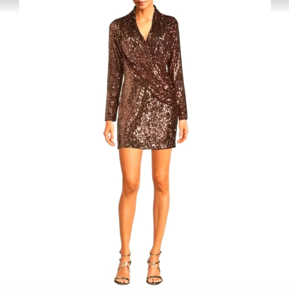 Badgley Mischka Juliana Surplice V-Neck Long Sleeve Sequin Mini  Dress Size 2